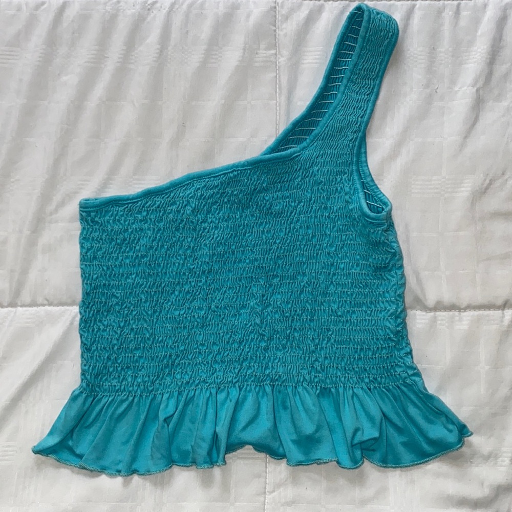 Gaze blue scrunch/ruffle one shoulder shirt